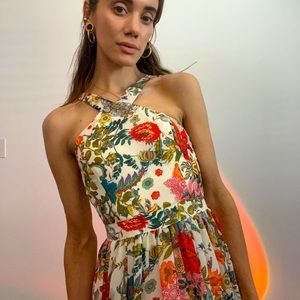 Lulus Lilja Floral Print Maxi Dress- modified halter neckline, fitted waist XS